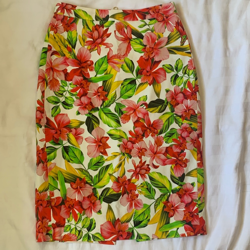 J Crew tropical print lined cotton midi pencil skirt exposed back zipper EUC